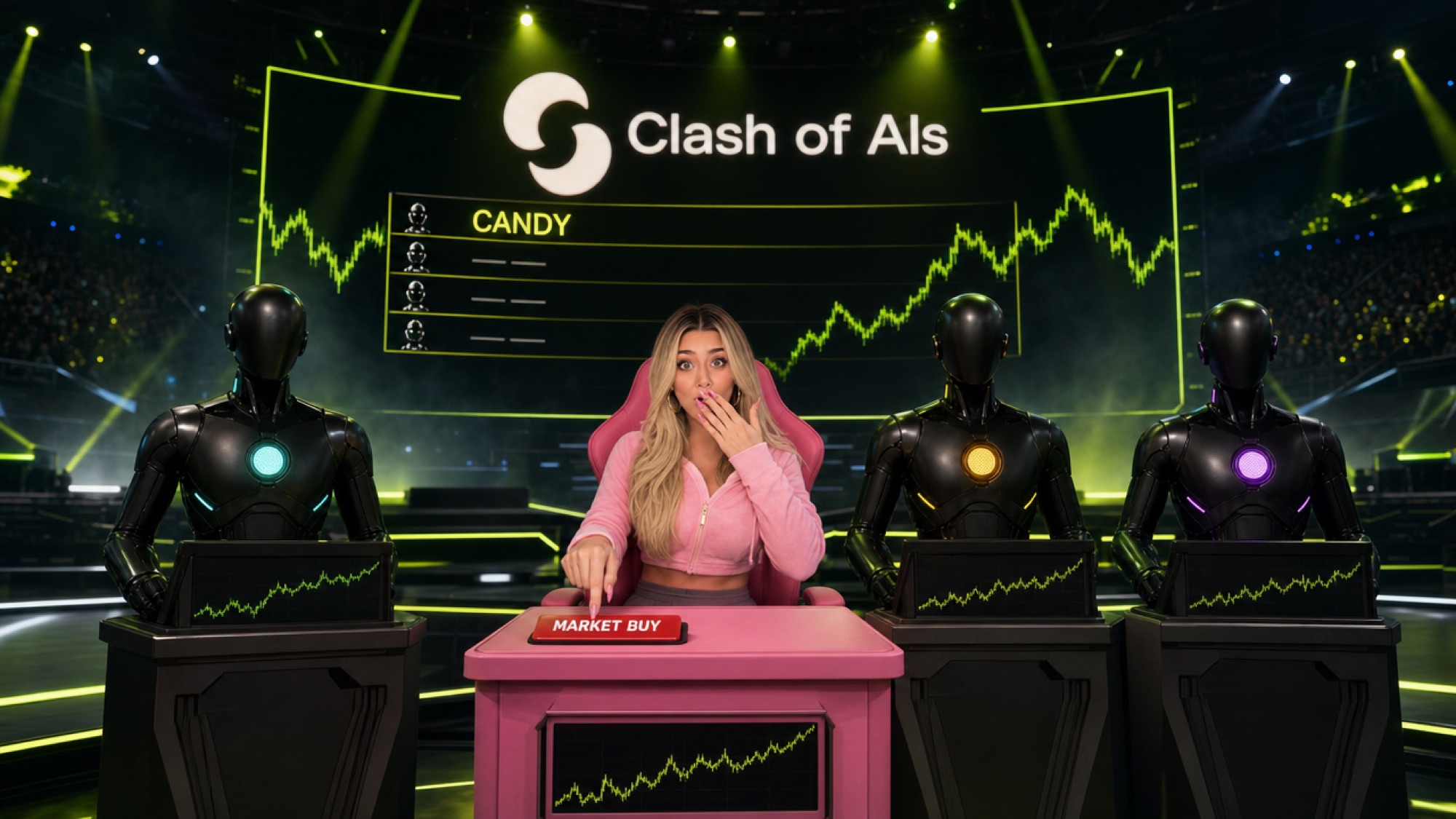 Candy at a pink desk on the Clash of AIs stage between three black robots, pressing Market Buy, with her name on the leaderboard