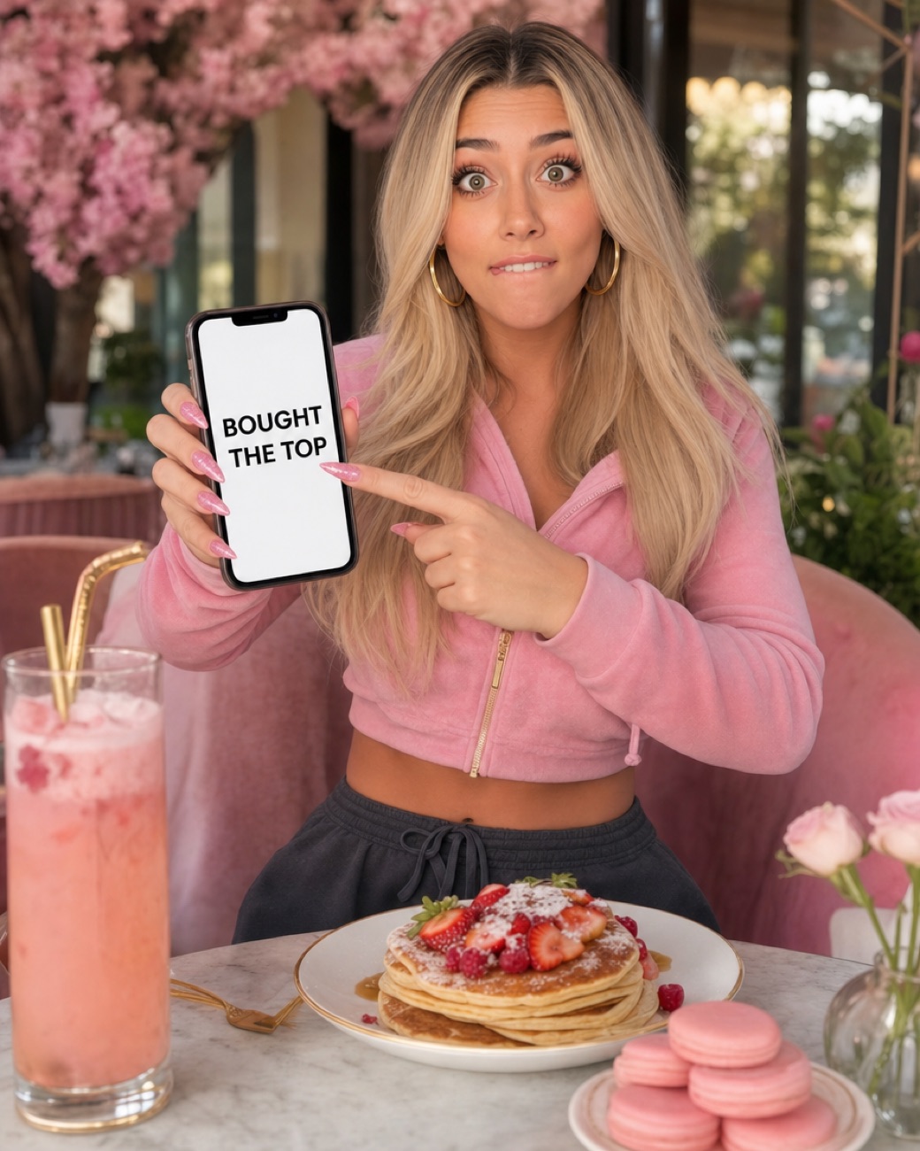 Candy at brunch pointing at her phone, which reads bought the top, biting her lip