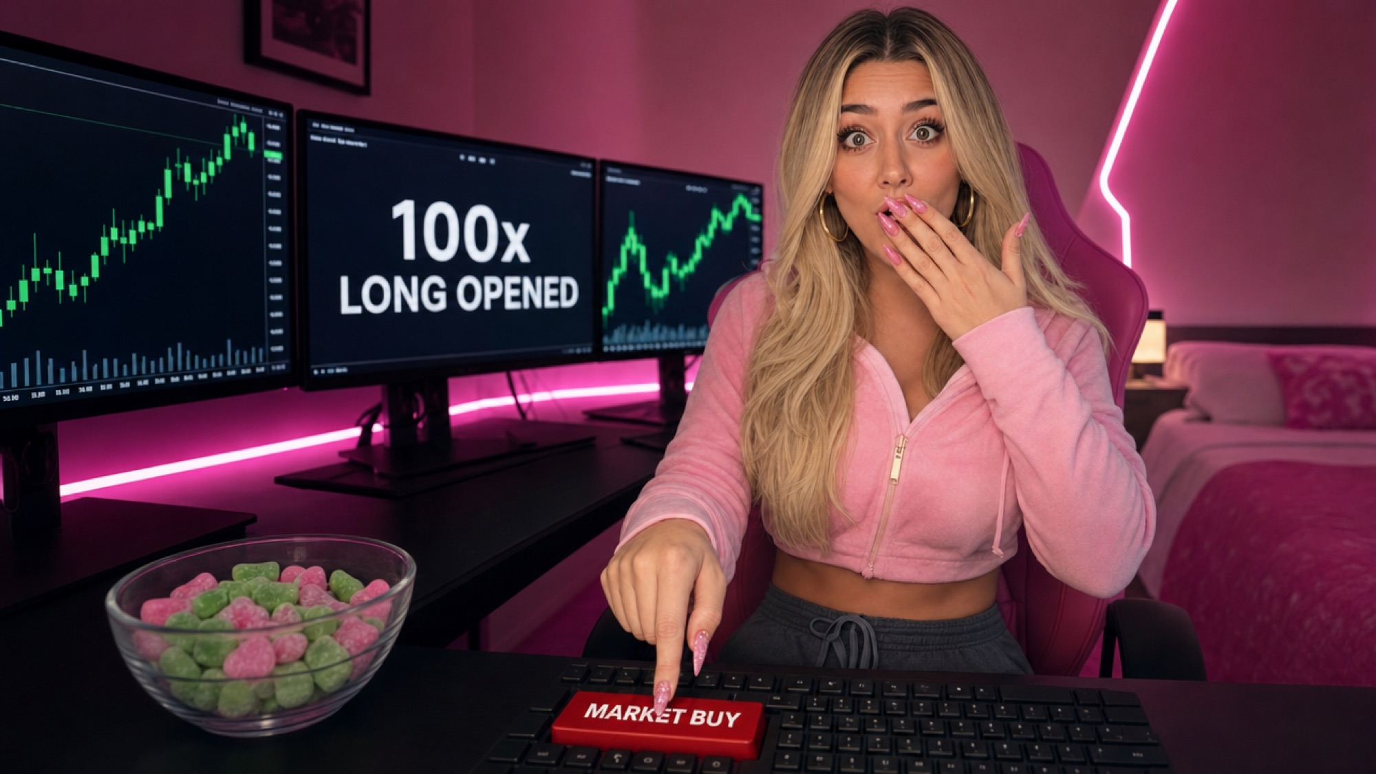 Candy in her pink trading room with a hand over her mouth, having just pressed a red Market Buy key; the screen reads 100x long opened