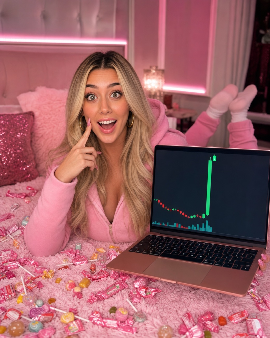 Candy lying on a pink bed full of sweets next to a laptop showing one huge green candle, delighted