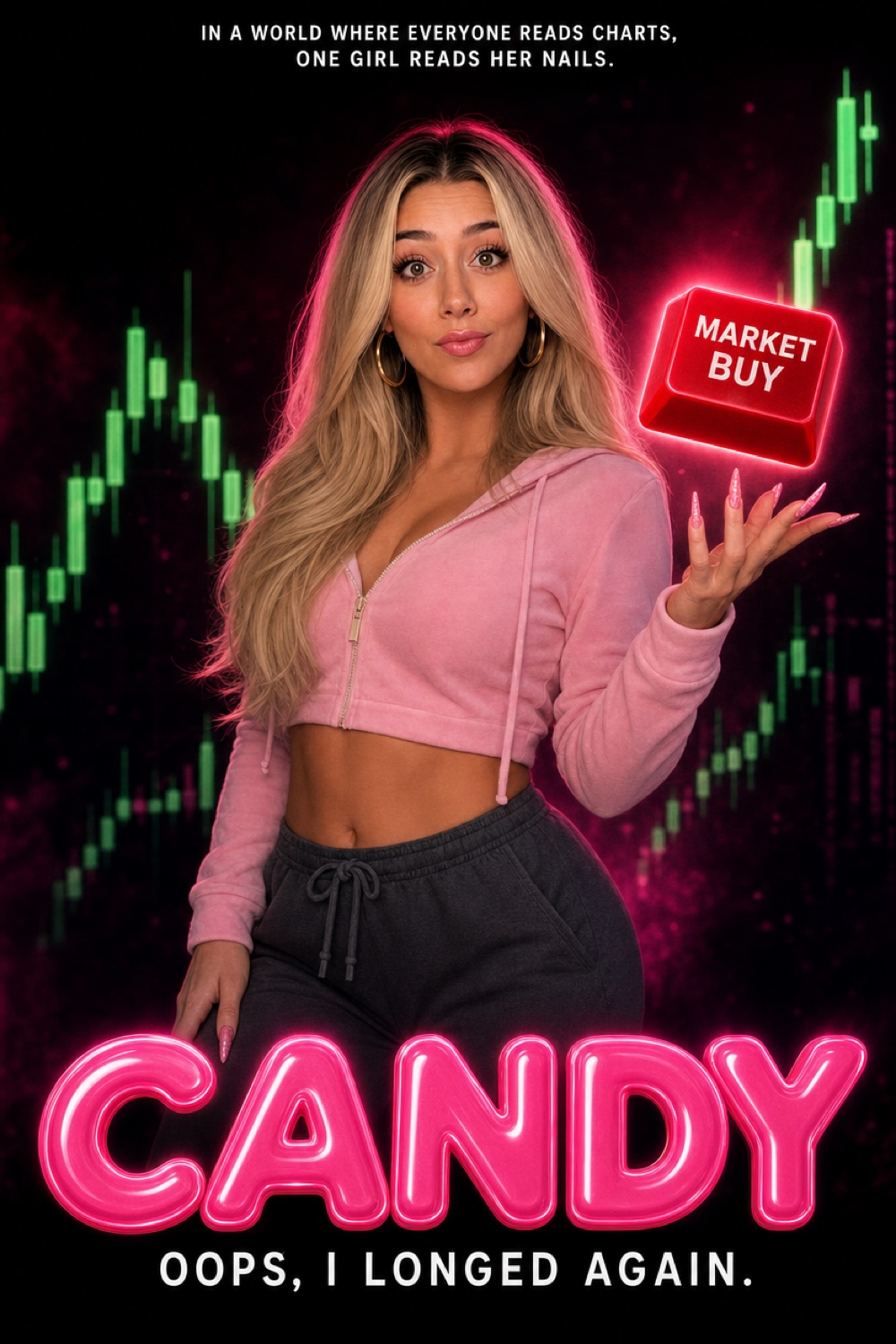 Movie poster: Candy in pink light beside a glowing Market Buy key, titled Candy, Oops, I longed again